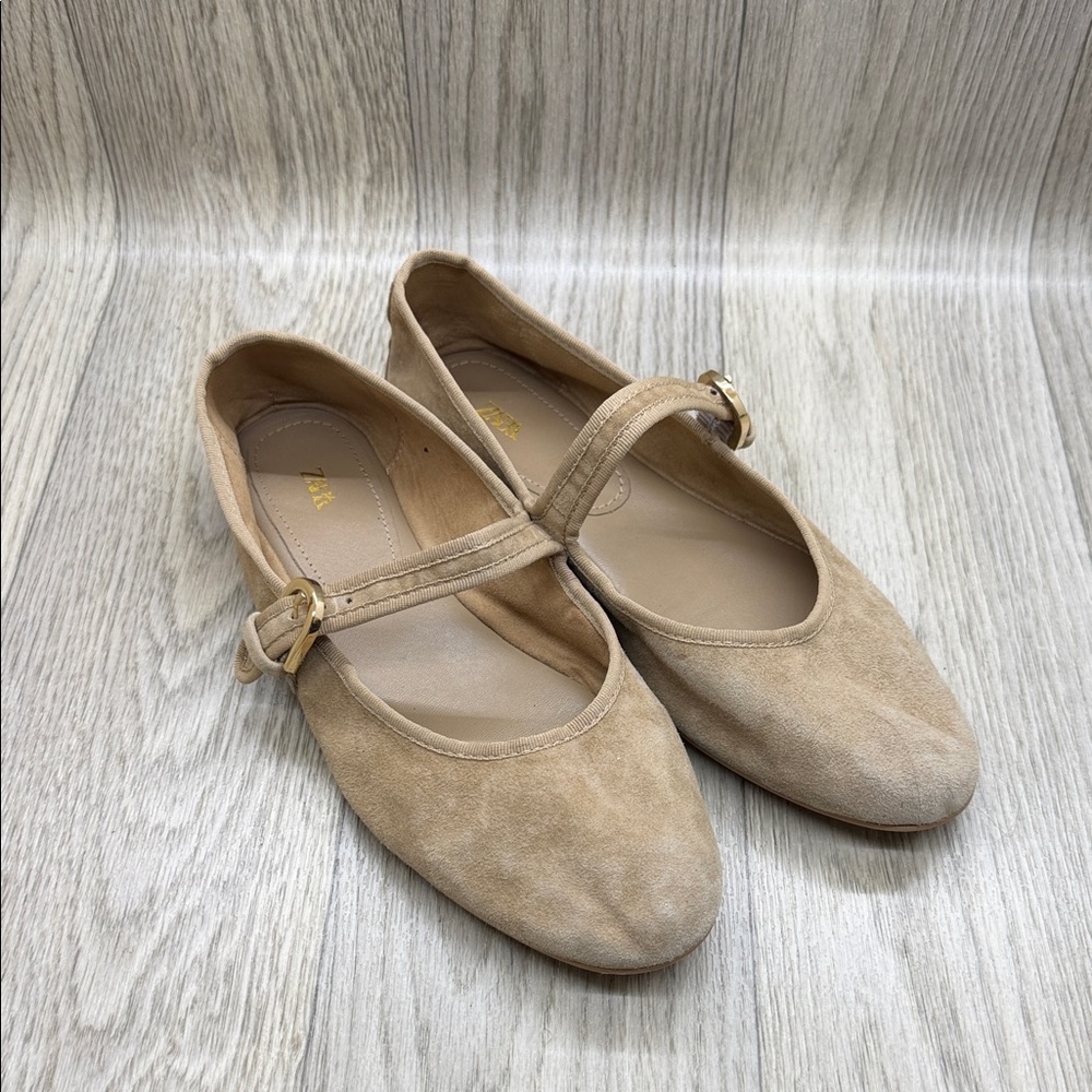 Zara Tan Flats with Gold Buckle